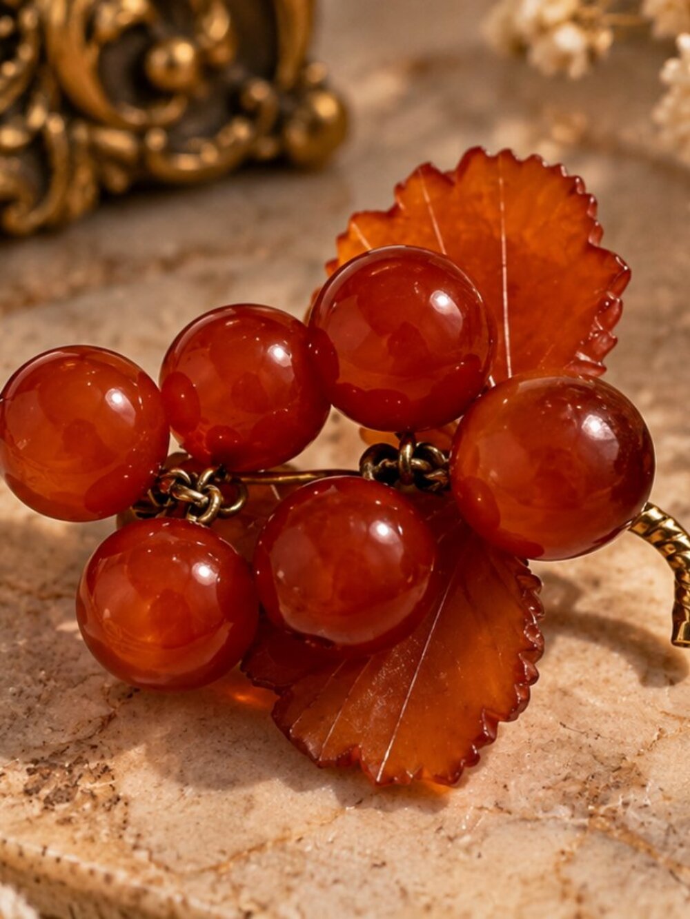 Vintage Amber Glass Grape Cluster Brooch Pin Gold Tone 1960s